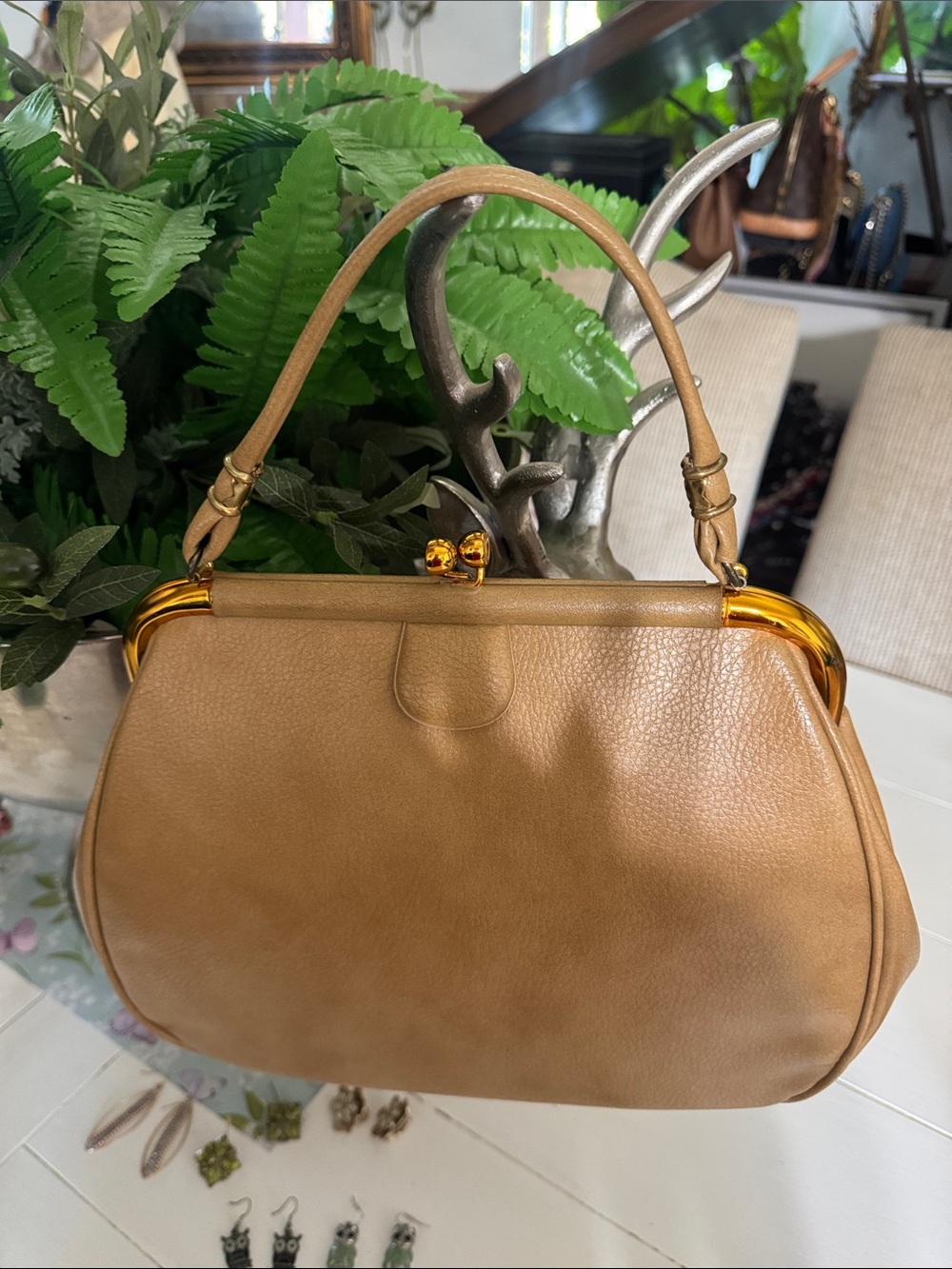 Camel Leather Frame Top-Handle Bag